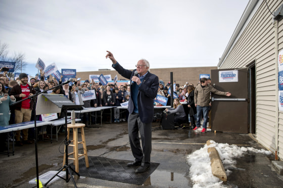 Image: Sen. Bernie Sanders, I-Vt., arrives at a campaign stop in Cedar Rapids, Iowa, on Feb. 2, 2020.