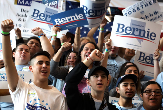 Image: Supporters cheer at a voting rally for Sen. Bernie Sanders, I-VT, in Las Vegas on Feb. 15, 2020.