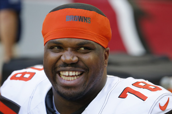 In this Dec. 15, 2019, file photo, Cleveland Browns offensive tackle Greg Robinson smiles during an NFL football game against the Arizona Cardinals in Glendale, Ariz.
