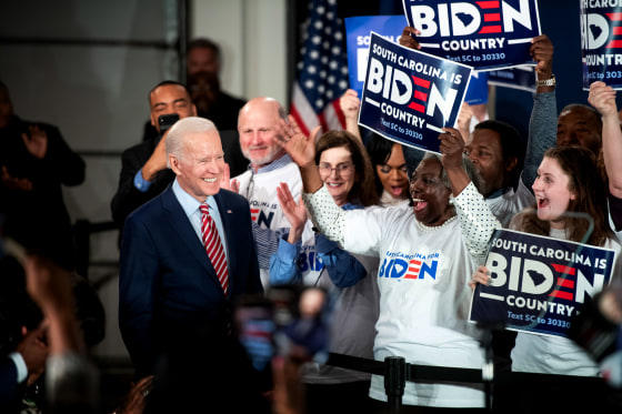 Image: Joe Biden arrives for a campaign launch party in Columbia, S.C., on Feb. 11, 2020.