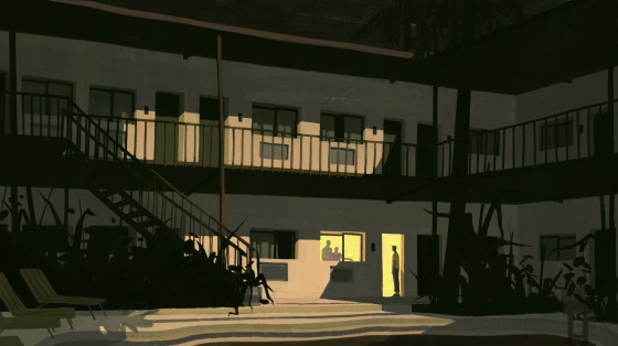 Illustration of man standing at motel room door while two men stand inside.