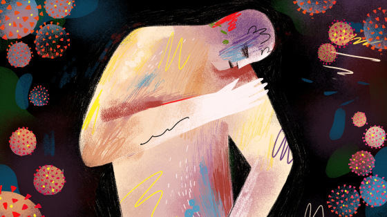 Illustration of figure looking downward while the coronavirus surrounds them.