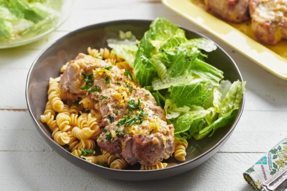 One Skillet Creamy Mustard Pork Chops can be served over rice, pasta, mashed potatoes or whatever starch you like.