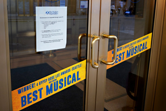 Image: A sign announcing the theater for Broadway's \"Come From Away\" is closed in New York on March 14, 2020. New York shuttered its iconic Broadway theaters as coronavirus continues to spread.