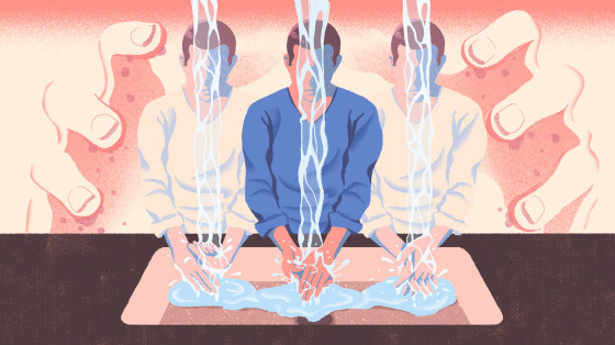 Illustration of figures washing hands as large hands hover behind the figures.