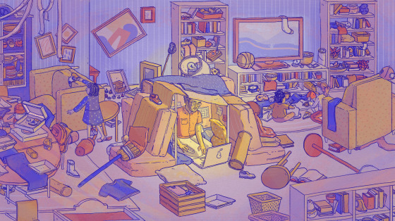Illustration of parent trying to work on laptop beneath a pillow fort as children run amok around him.
