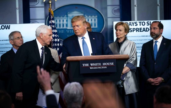 Image: President Donald Trump listens to Vice President Mike Pence during a press conference on the coronavirus at the White House on March 16, 2020.