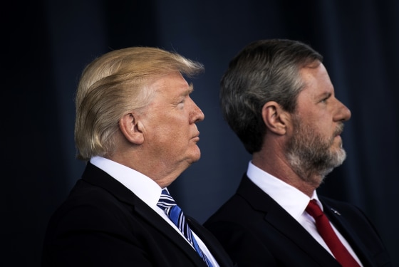 Image: President Donald Trump and Liberty University President Jerry Falwell, Jr., at the university's commencement ceremony in Lynchburg, Va., on May 13, 2017.