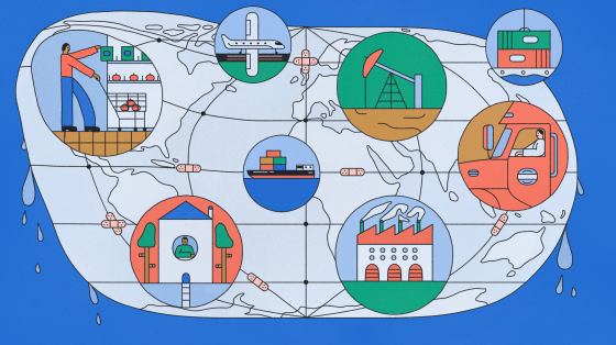 Illustration of globe with bandaids and different scenes of commerce stalling.