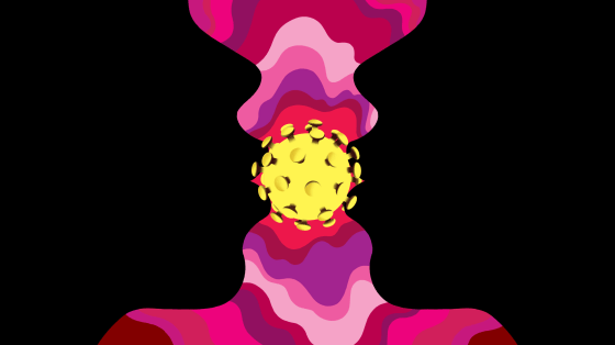 Illustration of two people kissing with a coronavirus cell in between them.