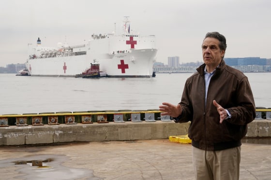 Image: New York governor Andrew Cuomo speaks as the USNS Comfort pulls into a berth in Manhattan during the outbreak of Coronavirus disease (COVID-19), in the Manhattan borough of New York City