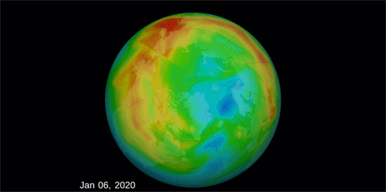 Image: The change in the ozone layer over the Arctic Circle beginning in January 2020.