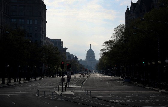Image: An empty Washington street looking towards the Capitol on April 7, 2020.