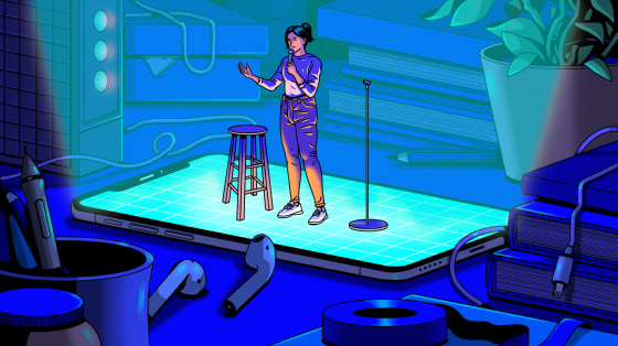 Illustration of woman standing on cellphone giving a comedy performance.