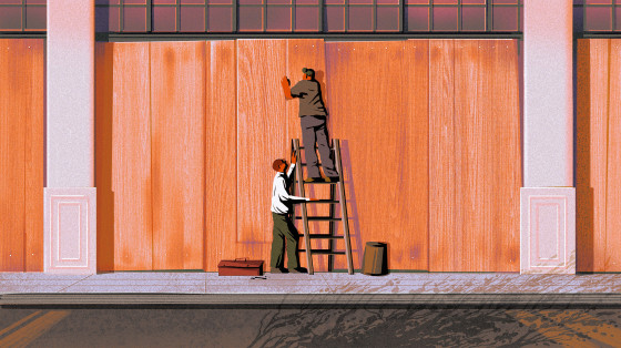Illustration of two men boarding up a storefront.