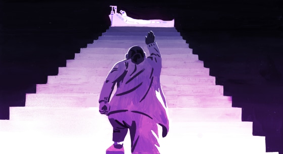 Illustration of woman running up stairs to her mother in a hospital bed at the top.