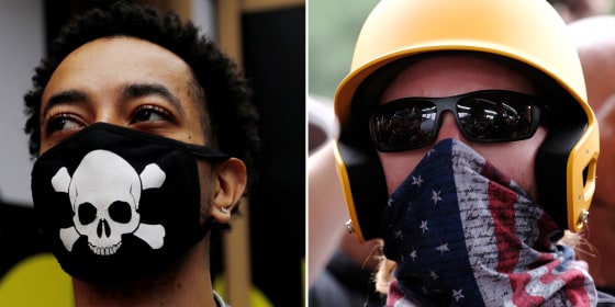 A man with a protective mask during the coronavirus outbreak in New York City and a member of the Proud Boys in Portland, Ore.