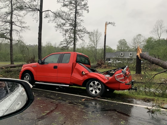 Storms hit parts of Alabama on Sunday as forecasters warned of possible tornadoes and flooding in the South. A pickup truck in Alexander City, Alabama, was damaged.