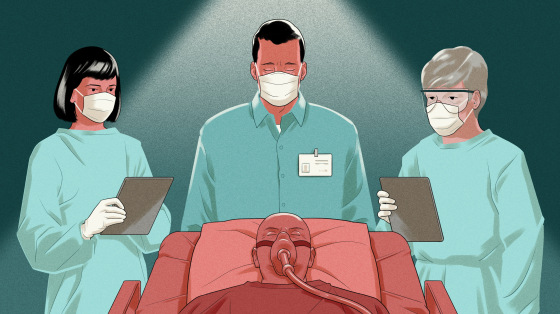 Illustration of minister standing over dying man.