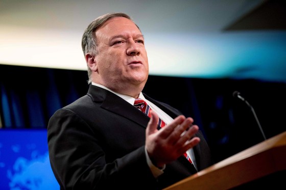 Image: Secretary of State Mike Pompeo pauses while speaking at a news conference at the State Department