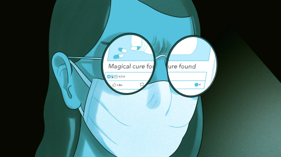 Illustration of woman wearing mask furrowing her brow as she reads a hoax pandemic social media post.