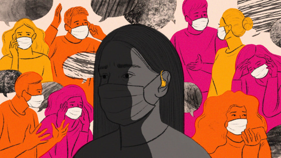Image: A frustrated woman wearing a mask and behind-the-ear hearing device surrounded by text bubbles and people in masks frantically speaking.