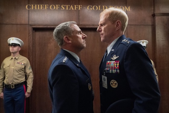 Steve Carell as General Mark R. Naird and Noah Emmerich as Kick Grabaston in episode 103 of "Space Force" on Netflix.