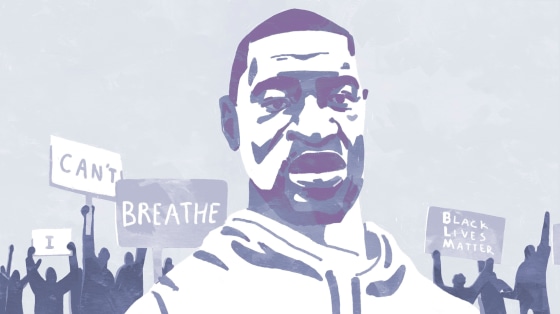 Image: A drawn portrait of George Floyd, surrounded by protesters raising their fists and holding signs that read \"I can't breathe\" and \"Black Lives Matter.\"