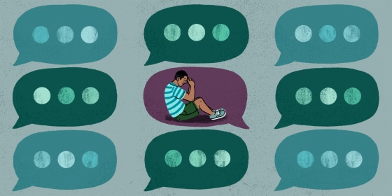 Image: A black man sits with his head in his hands inside a text bubble surrounded by other text bubbles.