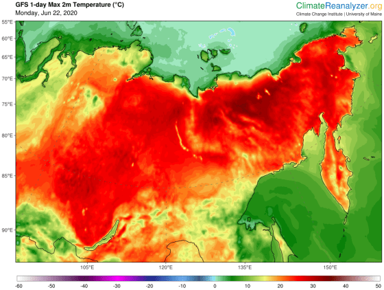 Forecast max temperature for Siberia on June 22, 2020.
