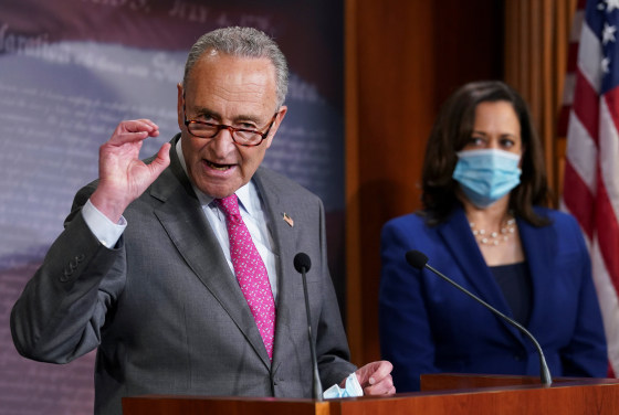 Image: Chuck Schumer and Kamala Harris speak on Capitol Hill in Washington