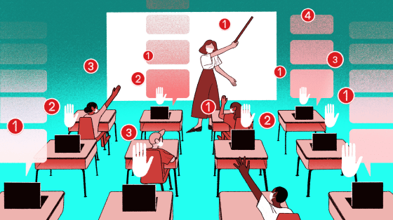 Illustration of teach at front of class, where half the students are at their desk and the remaining desks have open laptops where students are remotely working from.