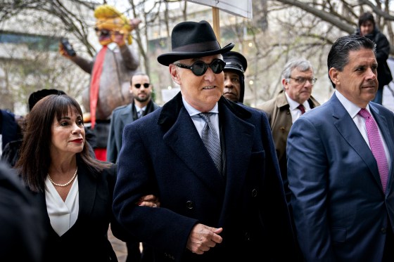 Image: Roger Stone arrives with his wife, Nydia, for his sentencing hearing at federal court in Washington on Feb. 20, 2020.