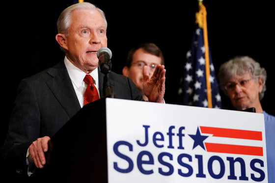 Image: Former U.S. Attorney General Jeff Sessions speaks after results are announced for his candidacy in the Republican Party U.S. Senate primary in Mobile, Alabama