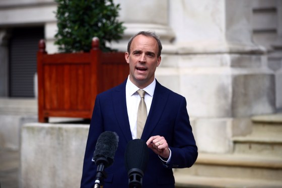Image: Britain's Foreign Secretary Dominic Raab makes a statement on Hong Kong's national security legislation in London