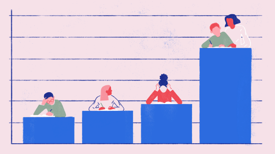 Image: A bar graph shows students studying on top of each bar, the highest bar shows a student receiving help from a tutor.