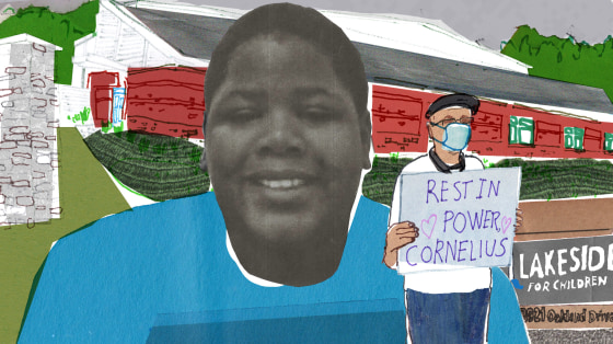 Image: A photo Cornelius Fredericks in front of a sketch of Lakeside Academy, where he was restrained by staff and died, with a sketch of a protester holding a sign that says \"Rest in Power Cornelius\"