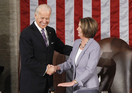 U.S. Vice President Joe Biden is greeted by Speaker of the House Nancy Pelosi as he arrives for President Barack Obama's State of the Union address on Capitol Hill on Jan. 27, 2010.