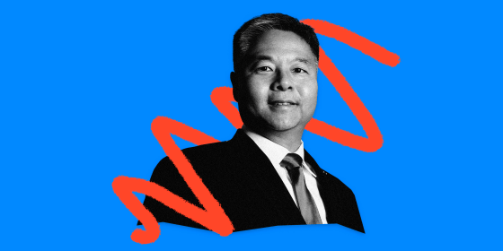 Image: Rep. Ted Lieu, D-Calif., on a bright blue background with red smudges.
