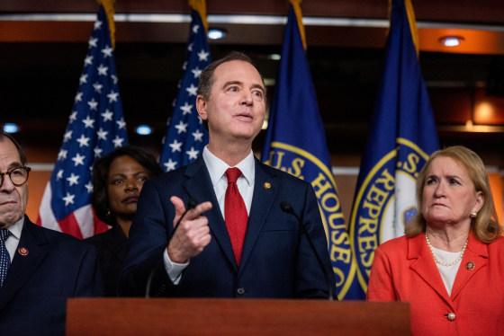 Rep. Adam Schiff (and fellow House Impeachment Managers hold a press conference at the Capitol on Jan. 28, 2020.