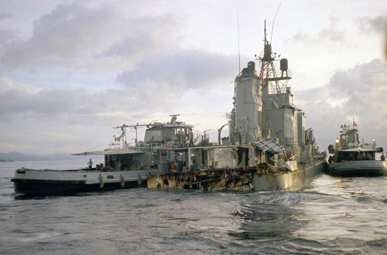 Sailors inspect damage to the Navy destroyer USS Frank E. Evans after it was cut in half in a collision with the aircraft carrier HMAS Melbourne of the Royal Australian Navy during joint maneuvers in the South China Sea on June 3, 1969.