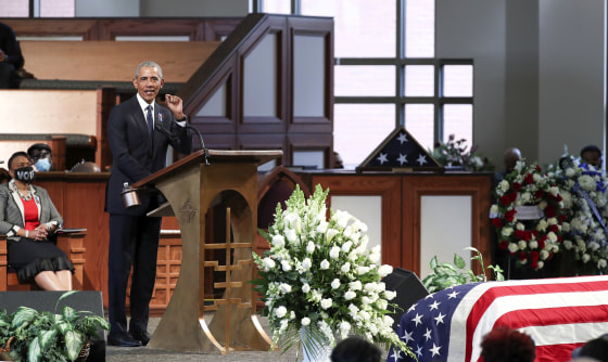 Former President Barack Obama pseaks during the funeral for the late Rep. John Lewis, D-Ga., at Ebenezer Baptist Church in Atlanta on July 30, 2020.