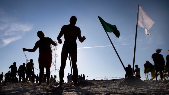 Lifeguards participate in a lifeguard competition on Long Beach Island, N.J., on Aug. 2, 2019.