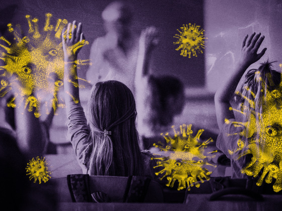 Image: Elementary school students raise their hand in a classroom as coronavirus spores loom.