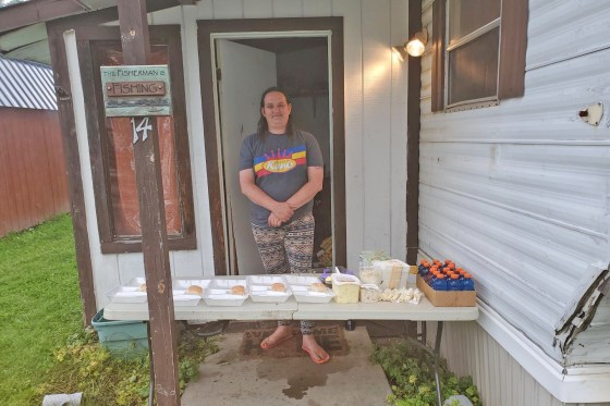 Jena Faith, at home with barbecue chicken dinners for ambulance first responders in Bath, New York.