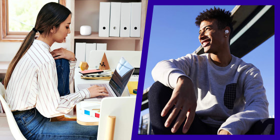 Woman using a Google tablet and man using JBL LIVE 300 True Wireless Headphones. Shop back to school deals from retailers like Apple, Best Buy, Amazon and Walmart.