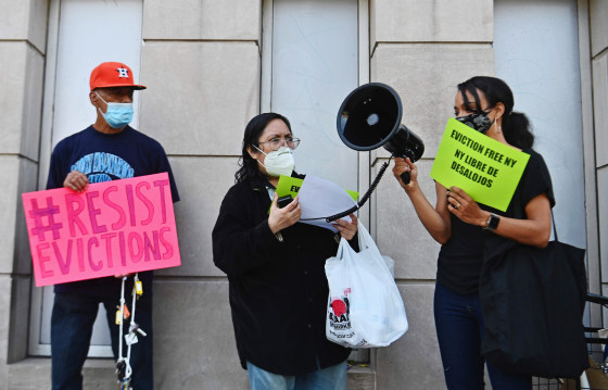 Community members protest against evictions outside the Bronx housing court in New York on Aug. 10, 2020.