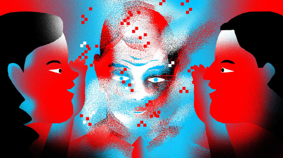 Image: A lobbyist whispers into the ear of a pixelated politician in red and blue.