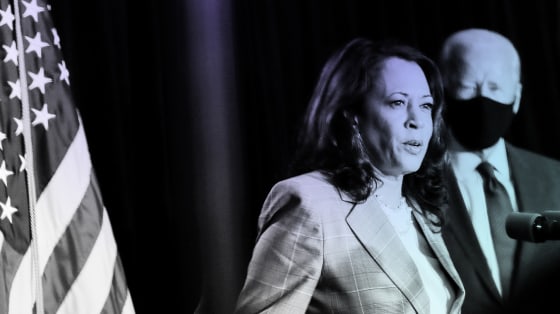 Image: Joe Biden and Kamala Harris speak to reporters during a campaign event in Wilmington, Del.