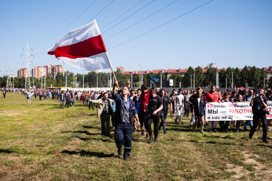 Image: Workers march calling for nationwide strikes on Aug. 17, 2020 in Minsk, Belarus.